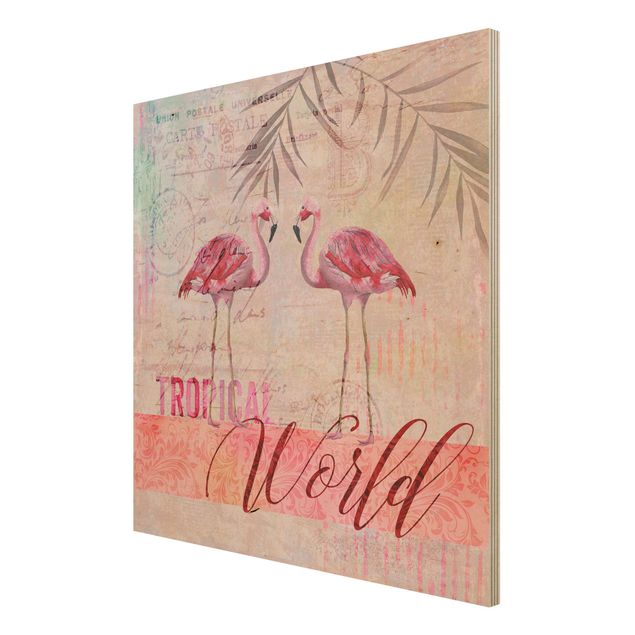 Wanddeko Esszimmer Vintage Collage - Tropical World Flamingos