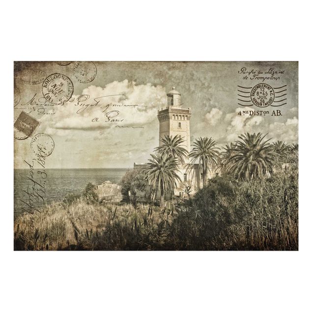 Deko Palme Vintage Postkarte mit Leuchtturm und Palmen