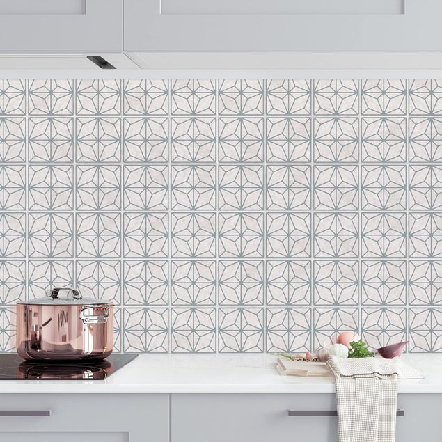 Wanddeko Küche Fliesenmuster Stern Geometrie graublau