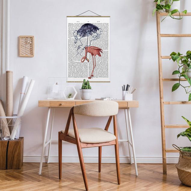 Wanddeko Büro Tierlektüre - Flamingo mit Regenschirm