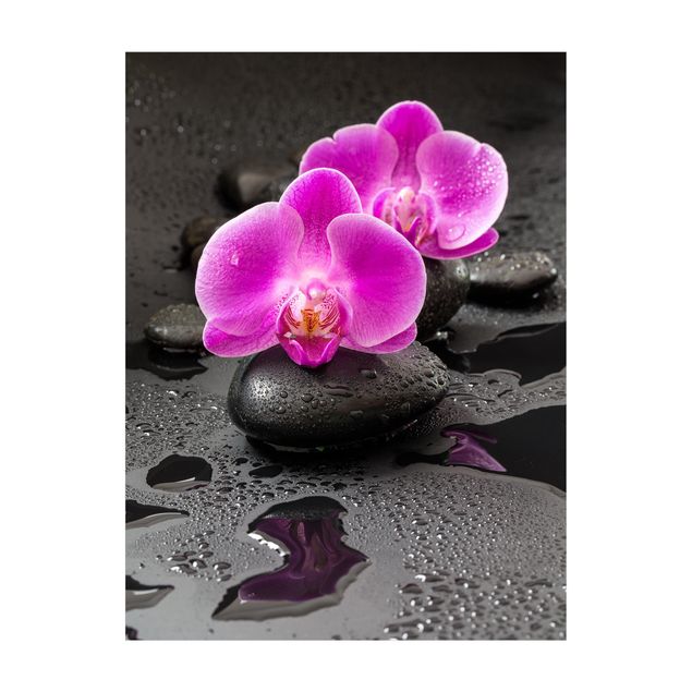 Wanddeko pink Pinke Orchideenblüten auf Steinen mit Tropfen