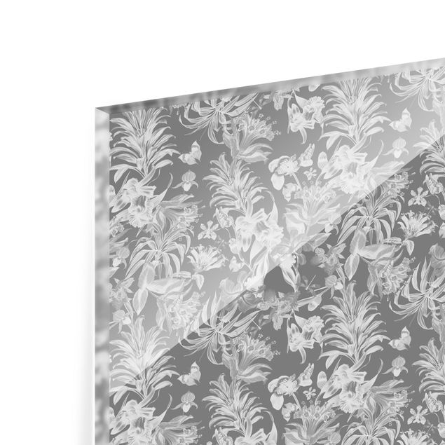 Glasrückwand Küche Muster Tropische Blumen vor Grau