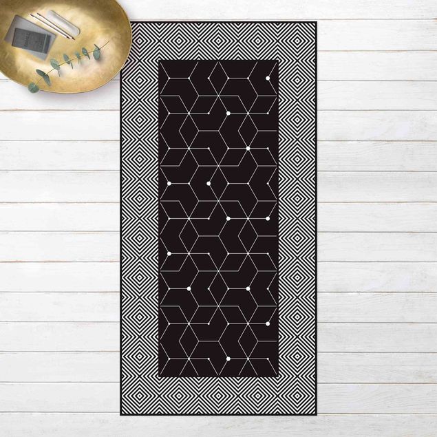 Wanddeko Schlafzimmer Geometrische Fliesen Punktlinien Schwarz mit Bordüre