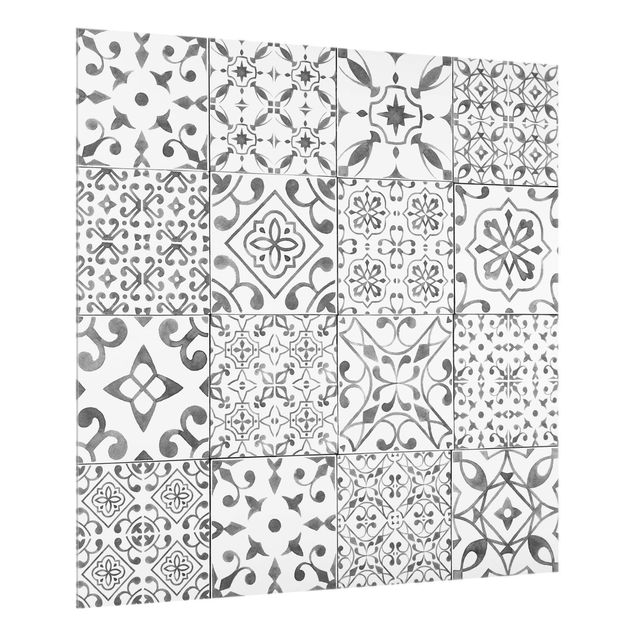 Glasrückwand Küche Muster Musterfliesen Grau Weiß