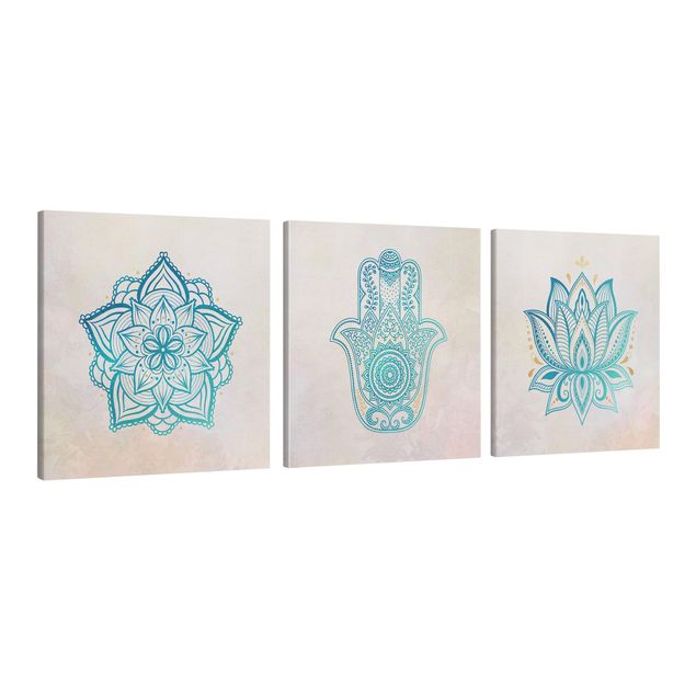 Wanddeko Esszimmer Mandala Hamsa Hand Lotus Set gold blau