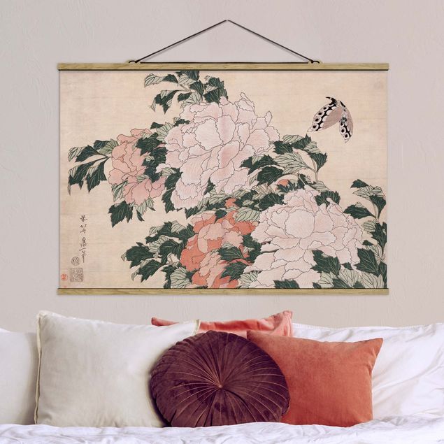 Wanddeko Küche Katsushika Hokusai - Rosa Pfingstrosen mit Schmetterling