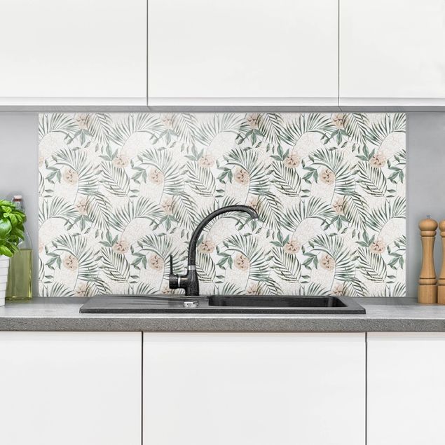 Wanddeko Küche Tropische Palmenbögen mit Rosen Aquarell