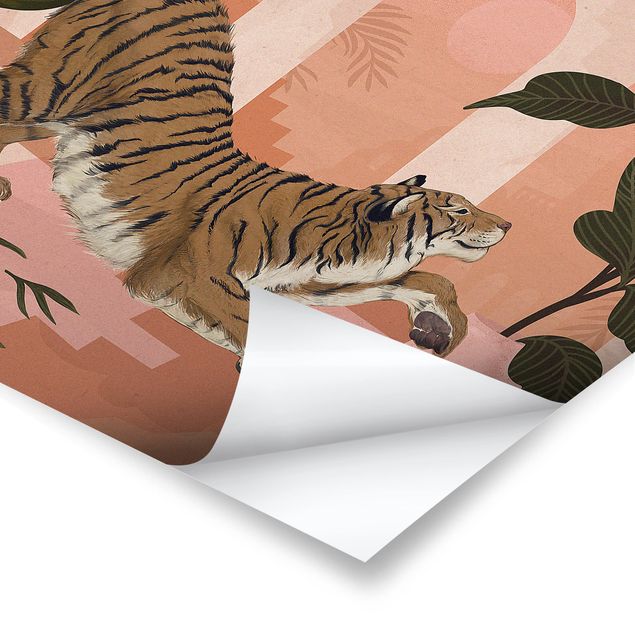 Wanddeko Treppenhaus Illustration Tiger in Pastell Rosa Malerei
