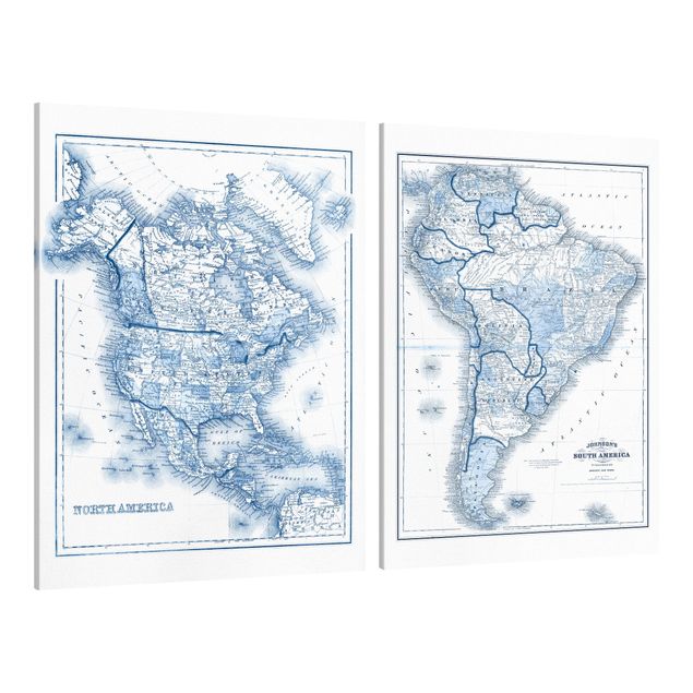 Wanddeko Esszimmer Karten in Blautönen Nord- und Südamerika Set I
