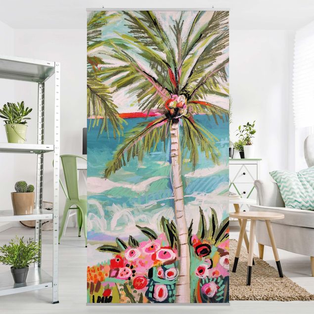 Wanddeko bunt Palme mit pinken Blumen II