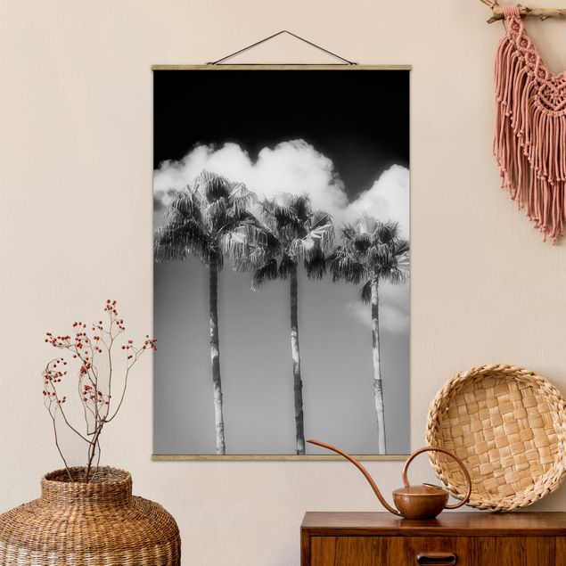 Wanddeko Wohnzimmer Palmen vor Himmel Schwarz-Weiß