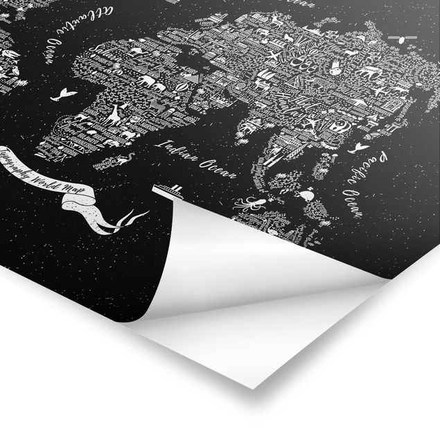 Wanddeko über Sofa Typografie Weltkarte schwarz