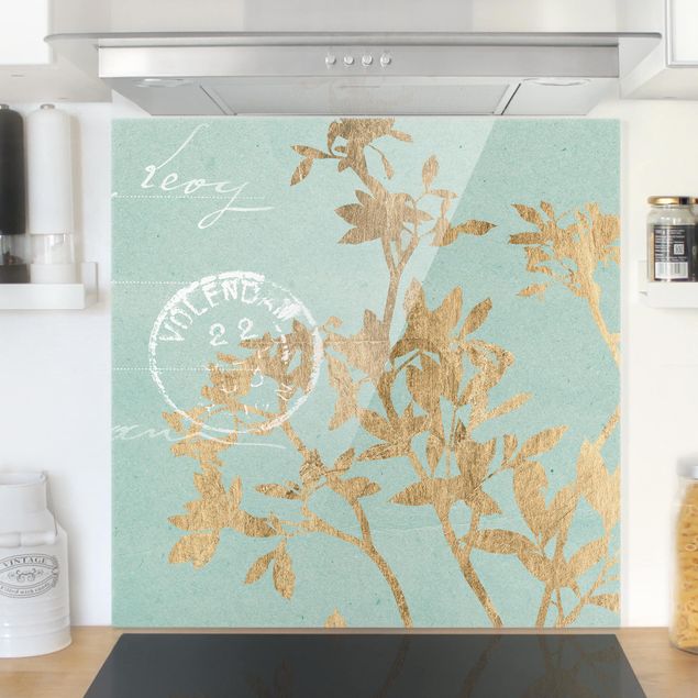 Küche Dekoration Goldene Blätter auf Turquoise II
