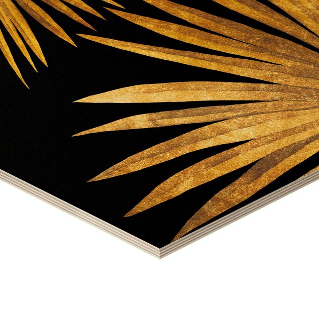 Wanddeko Praxis Gold - Palmenblatt auf Schwarz