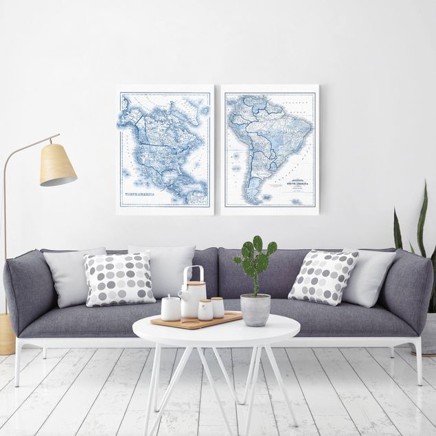Wanddeko Flur Karten in Blautönen Nord- und Südamerika Set I