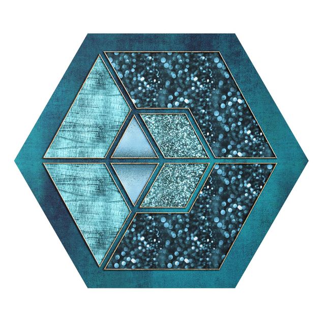 Wanddeko petrol Blaues Hexagon mit Goldkontur