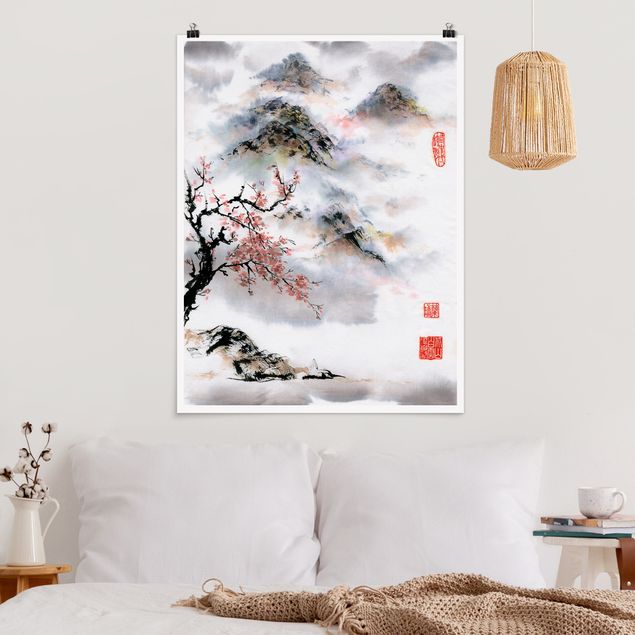 Wanddeko Schlafzimmer Japanische Aquarell Zeichnung Kirschbaum und Berge