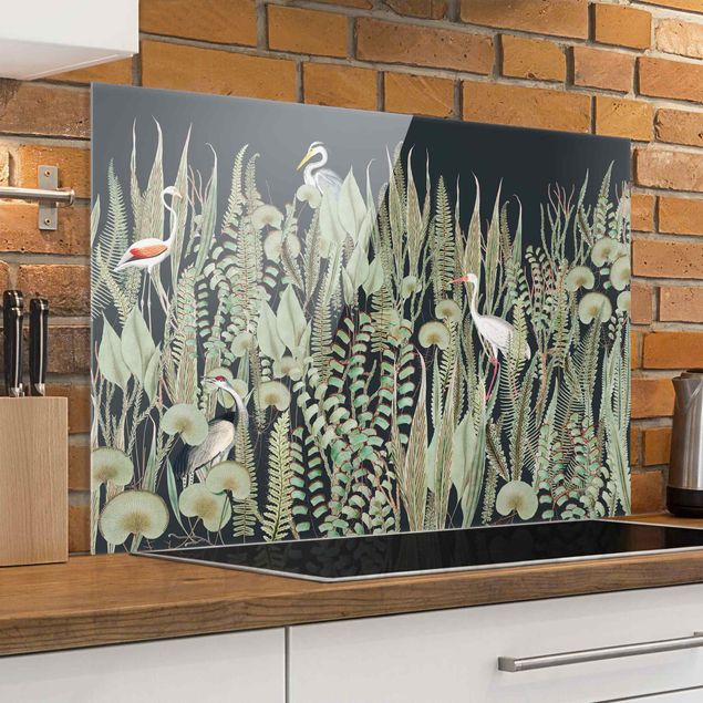 Küche Dekoration Flamingo und Storch mit Pflanzen auf Grün