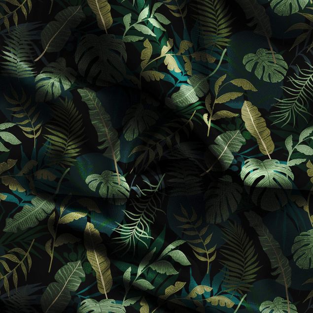 Wanddeko Wohnzimmer Dschungel Blätter auf Schwarz