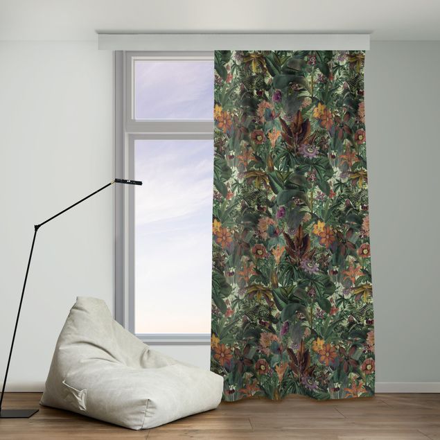 Vorhänge mit Muster Dschungel Blätter und Blüten in Orange und Grün