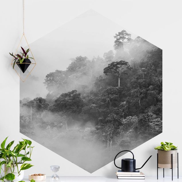 Wanddeko Schlafzimmer Dschungel im Nebel Schwarz Weiß