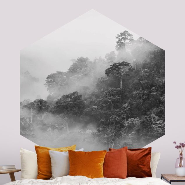 Wanddeko Flur Dschungel im Nebel Schwarz Weiß