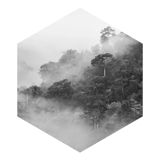 Wanddeko über Sofa Dschungel im Nebel Schwarz Weiß