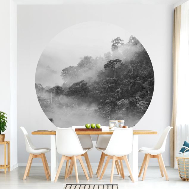 Wanddeko Wohnzimmer Dschungel im Nebel Schwarz Weiß