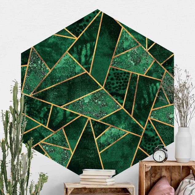 Tapete geometrische Muster Dunkler Smaragd mit Gold