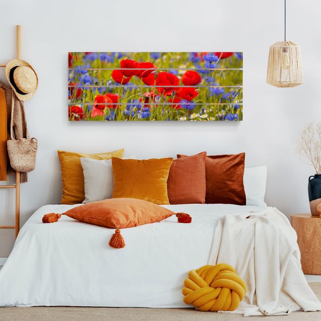Wanddeko Schlafzimmer Sommerwiese mit Mohn und Kornblumen