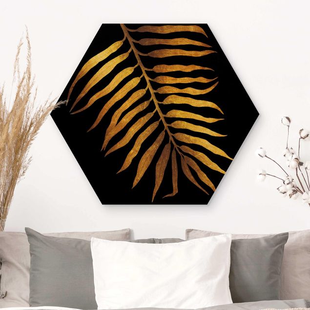 Wanddeko Schlafzimmer Gold - Palmenblatt II auf Schwarz