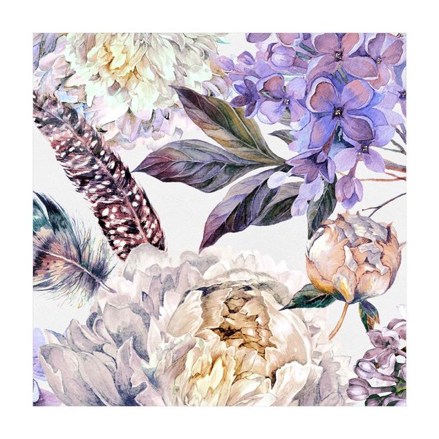 Wanddeko pastell Zartes Aquarell Boho Blüten und Federn Muster