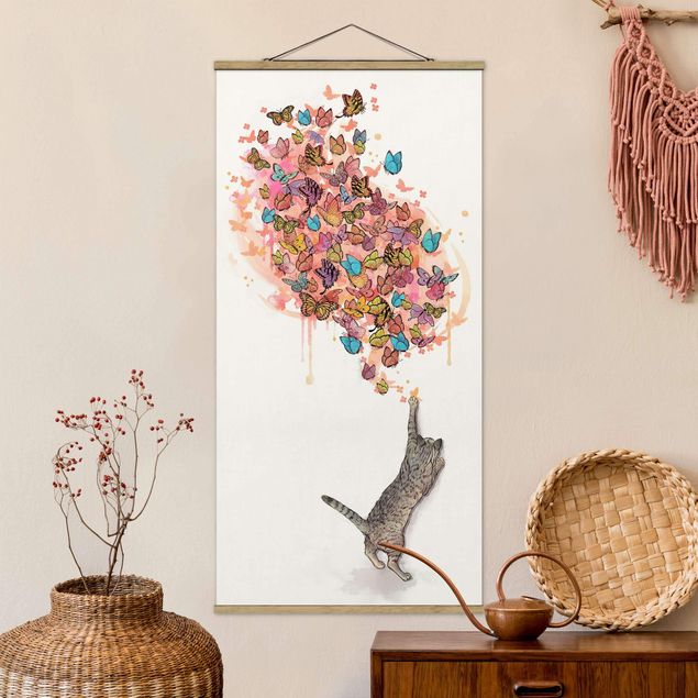 Wanddeko Küche Illustration Katze mit bunten Schmetterlingen Malerei