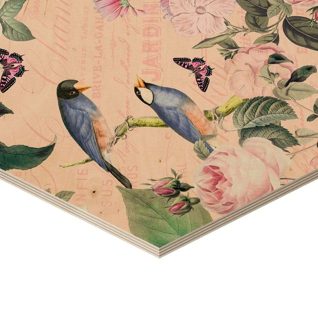 Wandbilder Schmetterlinge Vintage Collage - Rosen und Vögel