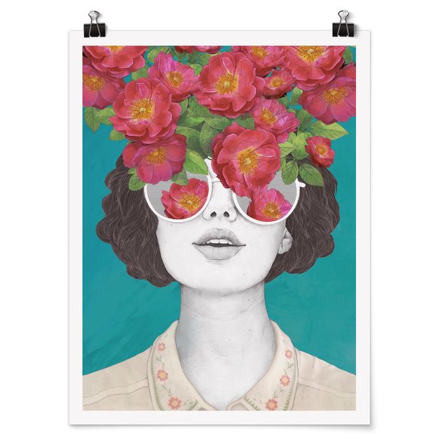Wanddeko Esszimmer Illustration Portrait Frau Collage mit Blumen Brille