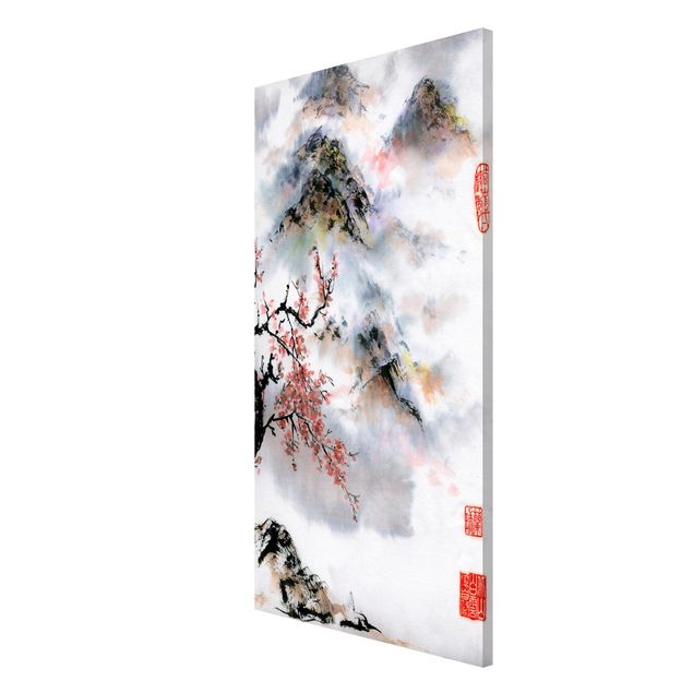 Wanddeko grau Japanische Aquarell Zeichnung Kirschbaum und Berge
