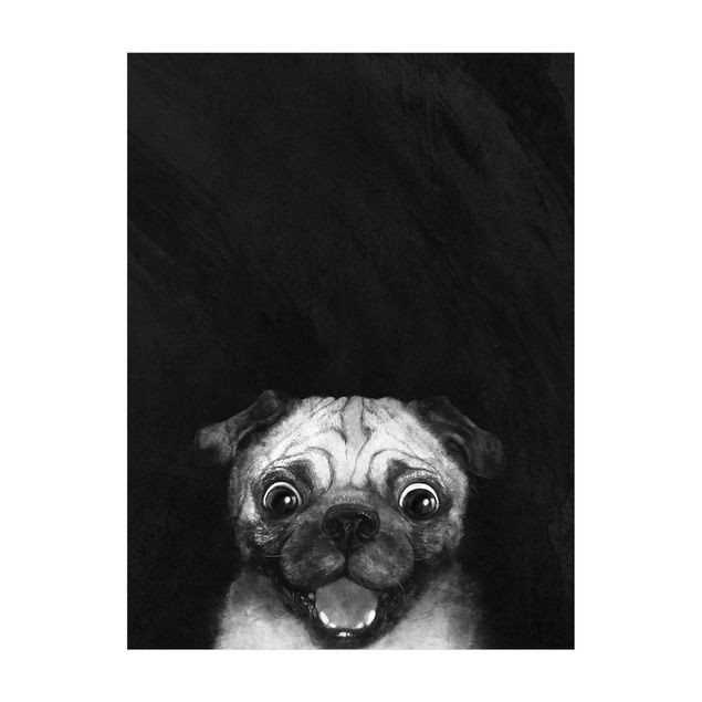 Wanddeko Treppenhaus Illustration Hund Mops Malerei auf Schwarz Weiß