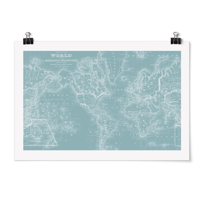 Wanddeko Esszimmer Weltkarte in Eisblau