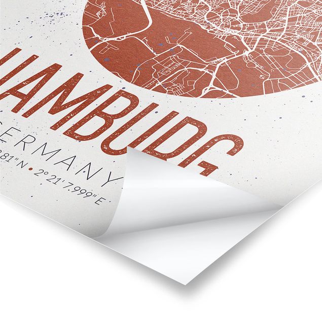 Wanddeko rot Stadtplan Hamburg - Retro