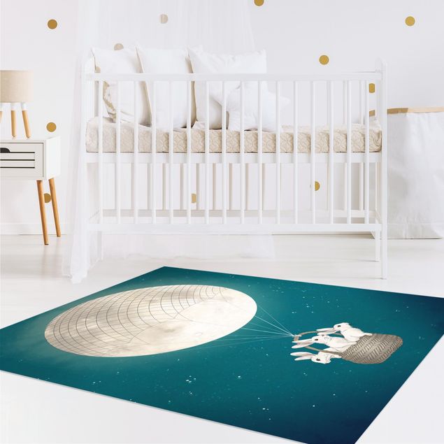 Babyzimmer Deko Illustration Hasen Mond-Heißluftballon Sternenhimmel