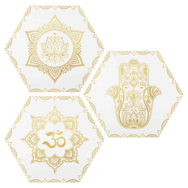 Wanddeko Esszimmer Hamsa Hand Lotus OM Illustration Set Gold