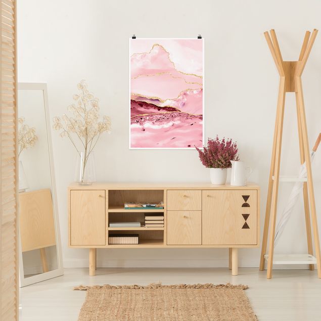Wanddeko Esszimmer Abstrakte Berge Rosa mit Goldene Linien