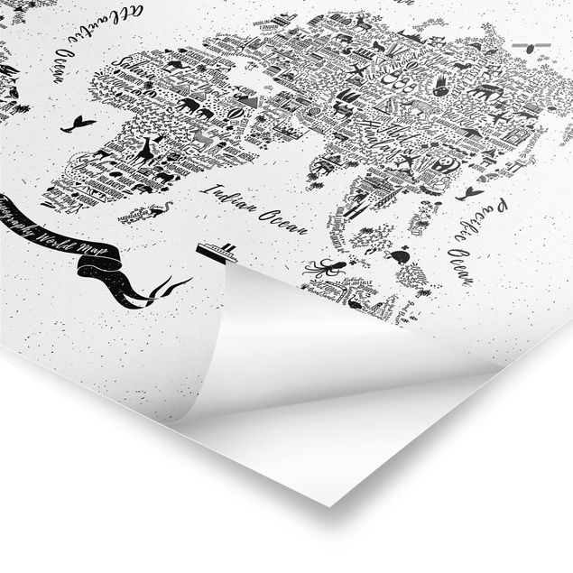 Wanddeko über Sofa Typografie Weltkarte weiß