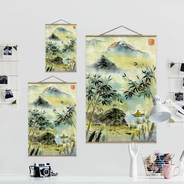 Wanddeko Esszimmer Japanische Aquarell Zeichnung Bambuswald