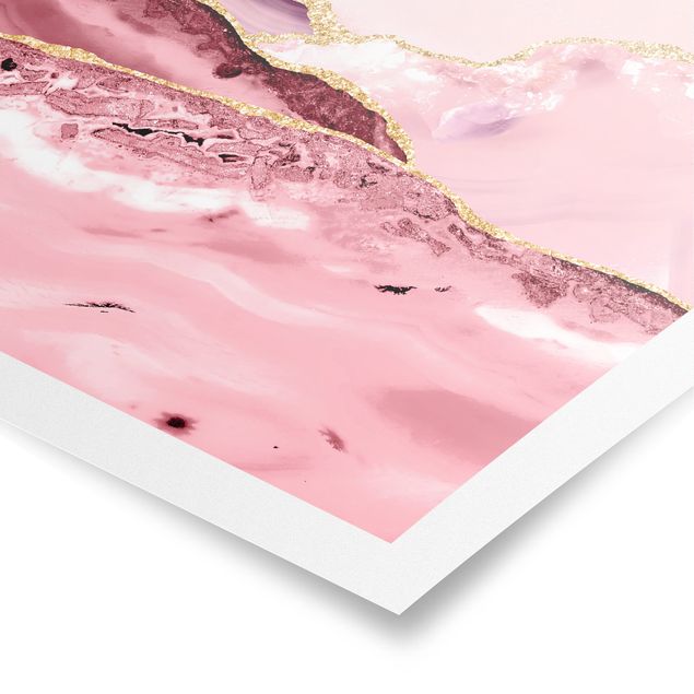 Wanddeko rosa Abstrakte Berge Rosa mit Goldene Linien