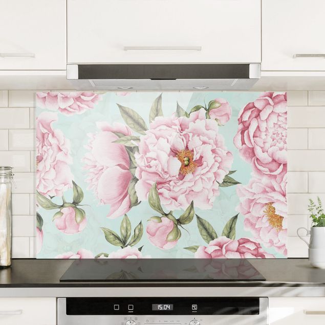 Wanddeko Küche Rosa Blumen auf Mint als Aquarell