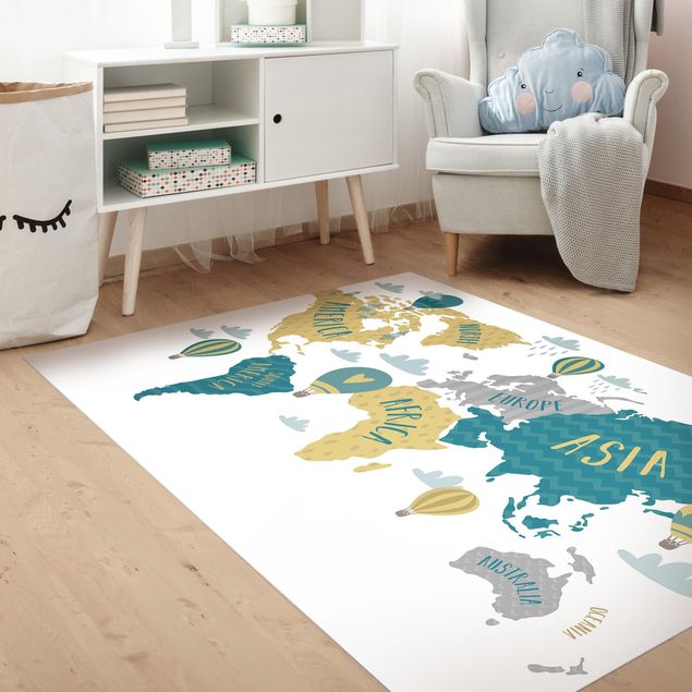 Wanddeko Mädchenzimmer World Map with Hot-Air Balloon