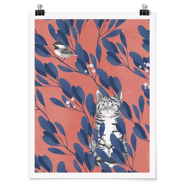 Wanddeko Büro Illustration Katze und Vogel auf Ast Blau Rot