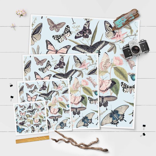 Wanddeko Treppenhaus Vintage Collage - Schmetterlinge und Libellen