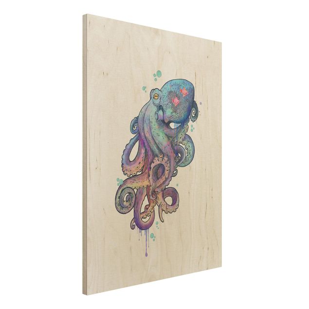 Wanddeko Schlafzimmer Illustration Oktopus Violett Türkis Malerei